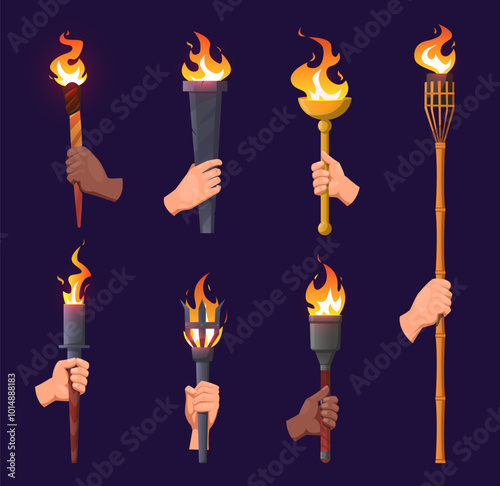 Human hands hold ancient burning torches. Medieval lantern. Stone and metal light sources with flames. Olympic competition symbol. Victory torchlight. Old flambeaus. Vector firelights set