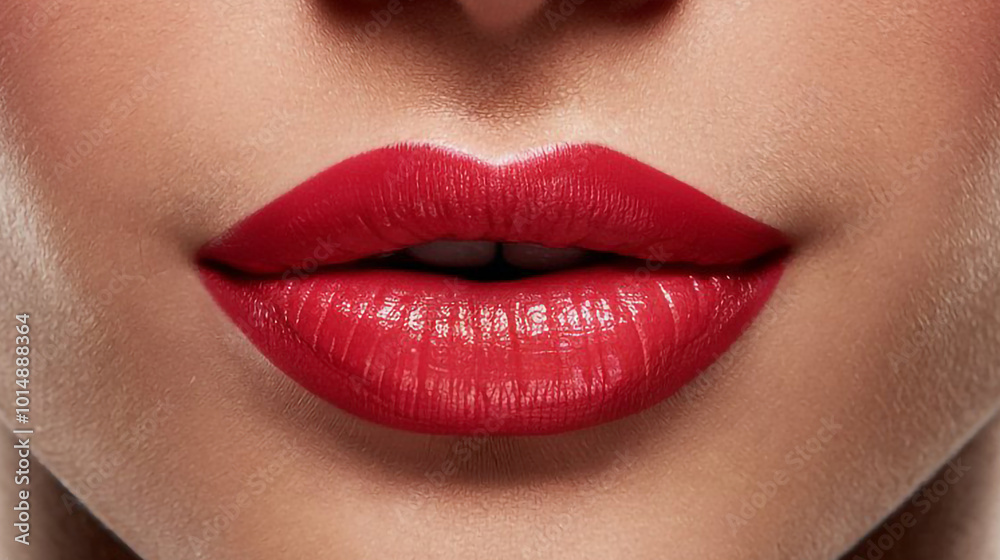 A close-up of a woman's attractive lips with red lipstick. A close-up of a woman's attractive lips with red lipstick.