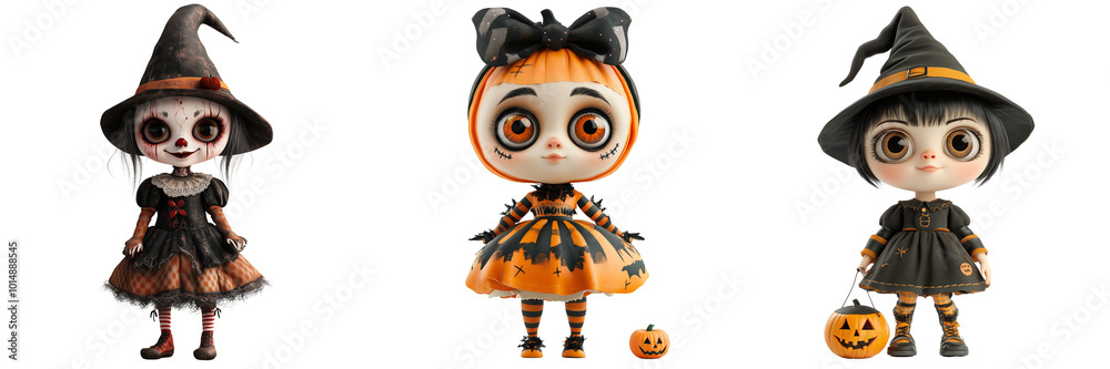 Set of cute doll 3D volumetric doll, Dressed up in Halloween costume on a transparent background