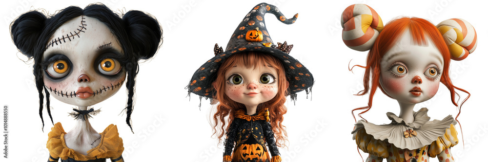 Set of cute doll 3D volumetric doll, Dressed up in Halloween costume on a transparent background