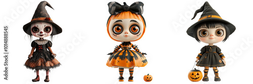 Obraz na płótnie Set of cute doll 3D volumetric doll, Dressed up in Halloween costume on a transparent background w salonie
