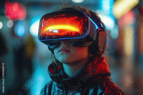 child immersed in virtual reality gaming futuristic console with holographic display aigenerated digital playground