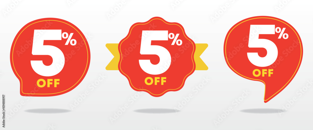 5% off. Special offer label, price, value, sticker. Business, promotion. Sales, store, shop, ads. Discount percentage poster. Red, yellow. Set, icon, vector 5% off. Special offer label, price, value, sticker. Business, promotion. Sales, store, shop, ads. Discount percentage poster. Red, yellow. Set, icon, vector
