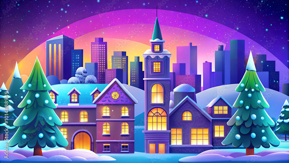 Fototapeta premium Winter night village. Town landscape with houses, streets and trees in frosty snow. Color design of cityscape in flat cartoon grunge style illustration.