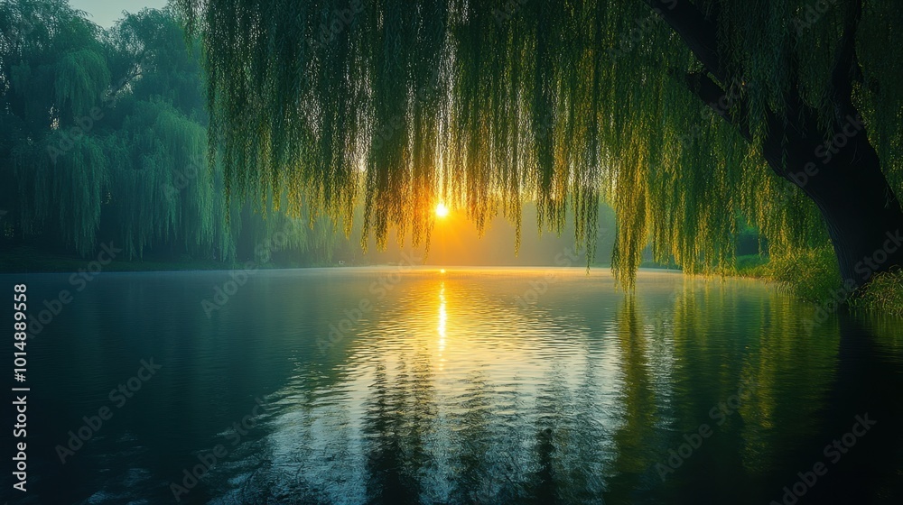 Scenic view of a riverbank with willows, captured from a close angle, emphasizing the beauty and serenity of nature Scenic view of a riverbank with willows, captured from a close angle, emphasizing the beauty and serenity of nature