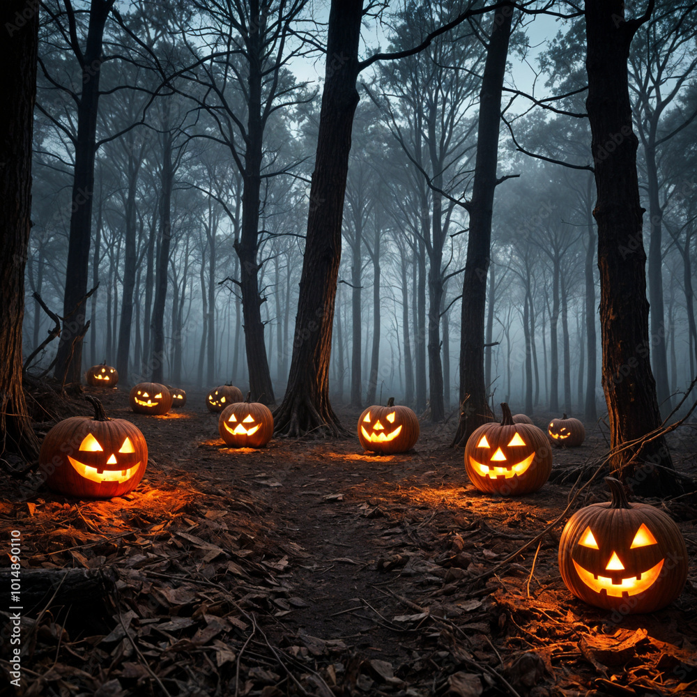 A group of carved pumpkins sitting in the middle of a forest, spooky forest. A group of carved pumpkins sitting in the middle of a forest, spooky forest.
