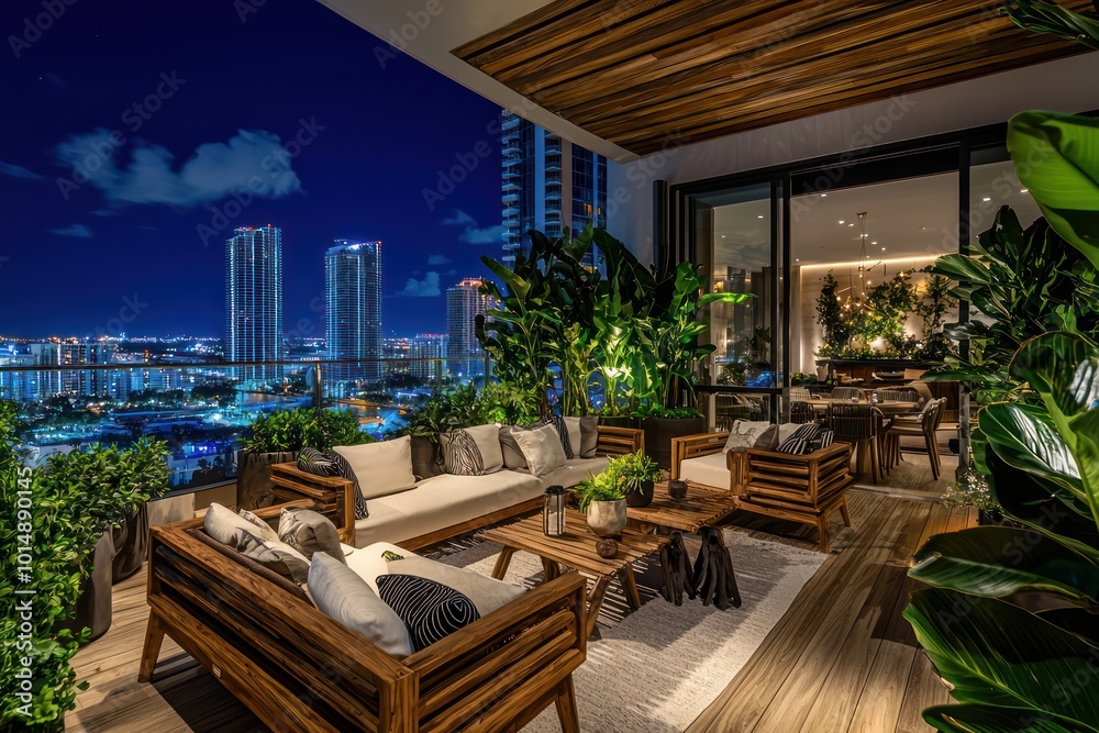 Luxurious terrace lounge in Miami with wooden furniture and lush plant decor, overlooking the city at night Luxurious terrace lounge in Miami with wooden furniture and lush plant decor, overlooking the city at night