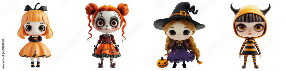 Set of cute doll 3D volumetric doll, Funko Pop, Halloween costume on a transparent background (2)