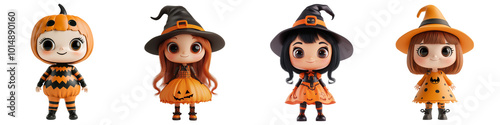 Obraz na płótnie Set of cute doll 3D volumetric doll, Funko Pop, Halloween costume on a transparent background w salonie
