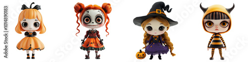 Obraz na płótnie Set of cute doll 3D volumetric doll, Funko Pop, Halloween costume on a transparent background (2) w salonie