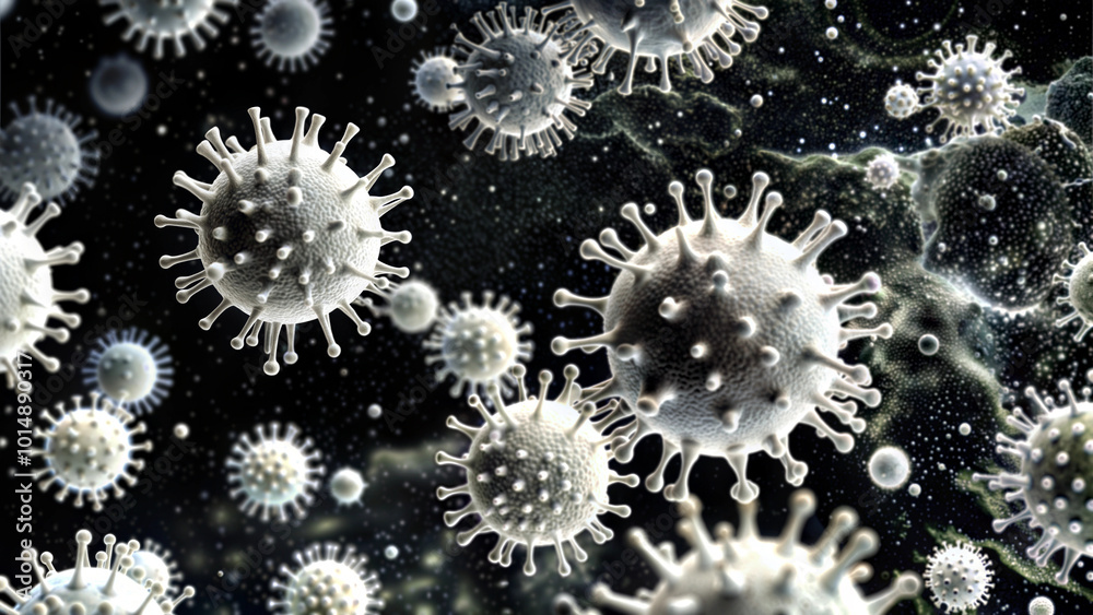 Close-up of various viruses with intricate details against a dark background Close-up of various viruses with intricate details against a dark background