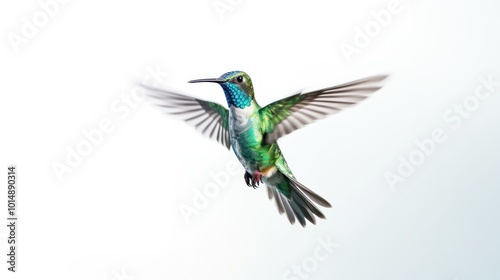 Hummingbird in Flight Against a White Background