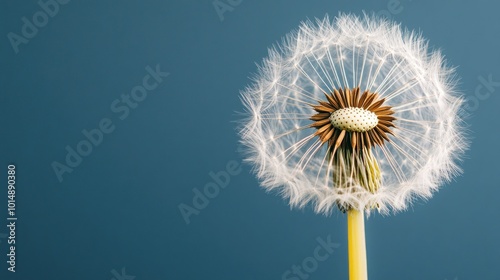 A single dandelion seed head with white fluffy seeds against a blue background.