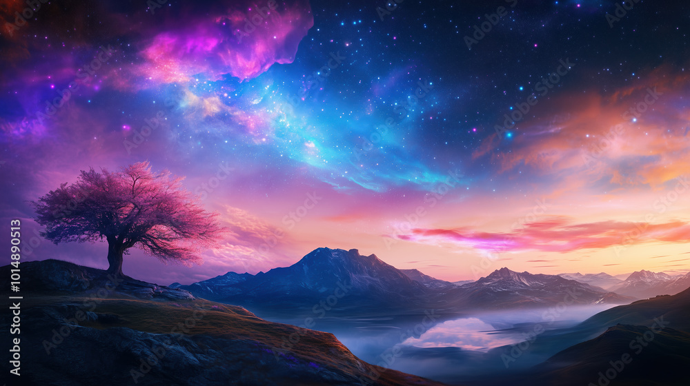 Fototapeta premium Dreamlike AI-Generated Holographic Landscape Portraying Surreal Beauty and Otherworldly Features in a Fantastical Setting