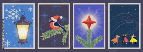 Retro Style Christmas Illustrations. New Year Greeting Cards. XMAS Postcards, Posters. Mid Century Modern Colors and Style. Snowflakes, Street Lanters, Bullfinch, Spruce Branch