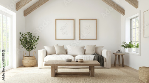 A cozy living room featuring white sofa adorned with soft cushions, wooden coffee table, and natural decor elements. space is bright and inviting, perfect for relaxation