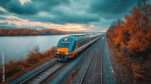 Red train moving along lake in beautiful mountain landscape.