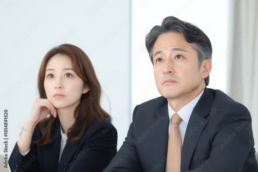 Japanese business person, a man and a woman, are thinking about something while looking at the laptop in front of them. They are wearing black suits, and the background is a bright office setting. Japanese business person, a man and a woman, are thinking about something while looking at the laptop in front of them. They are wearing black suits, and the background is a bright office setting.