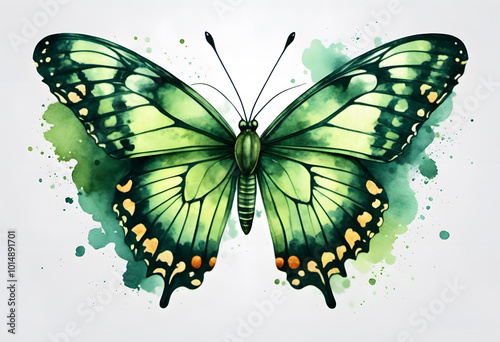 A beautifully illustrated butterfly with vibrant green wings, featuring intricate patterns. photo