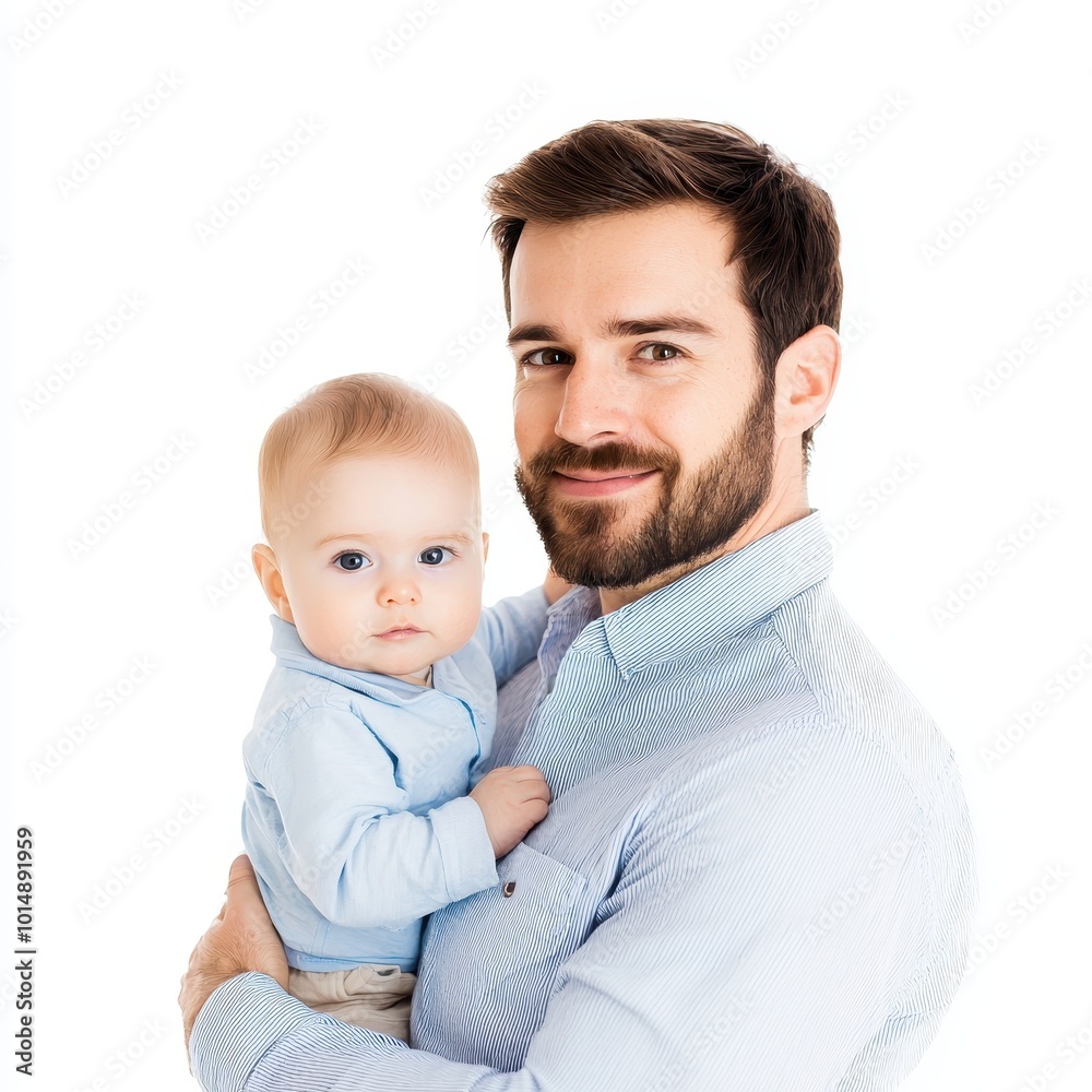 A father holding a baby in one arm, strong and protective, baby holding onto his shirt, isolated on white background A father holding a baby in one arm, strong and protective, baby holding onto his shirt, isolated on white background