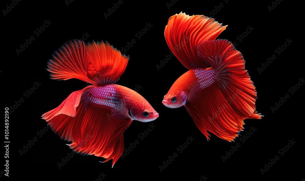 Naklejka premium Beautiful movement of red betta fish, Two Fancy Halfmoon Betta, The moving moment beautiful of Siamese Fighting fish, Betta splendens, Rhythmic of Betta fish isolated on black background