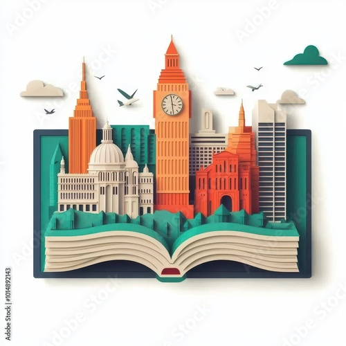 A travel guidebook, tourism item, colorful cover with famous landmarks, isolated on white background