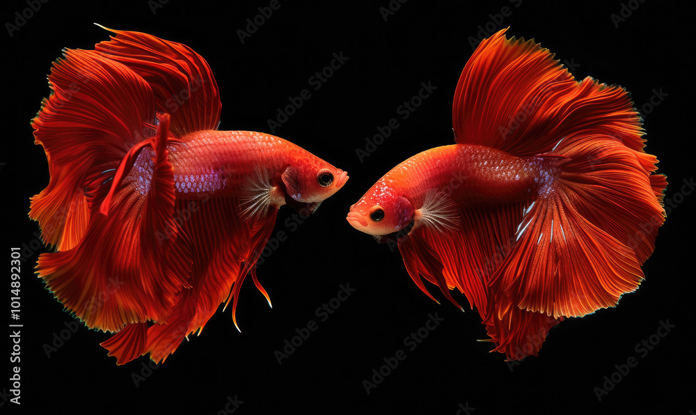 Beautiful movement of red betta fish, Two Fancy Halfmoon Betta, The moving moment beautiful of Siamese Fighting fish, Betta splendens, Rhythmic of Betta fish isolated on black background Beautiful movement of red betta fish, Two Fancy Halfmoon Betta, The moving moment beautiful of Siamese Fighting fish, Betta splendens, Rhythmic of Betta fish isolated on black background