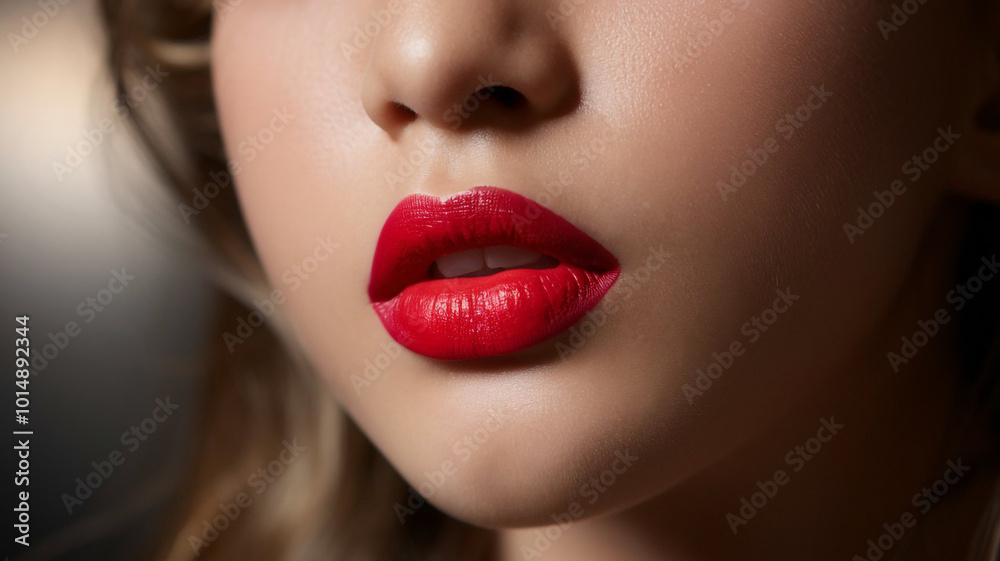 Fototapeta premium A close-up of a woman's attractive lips with red lipstick.