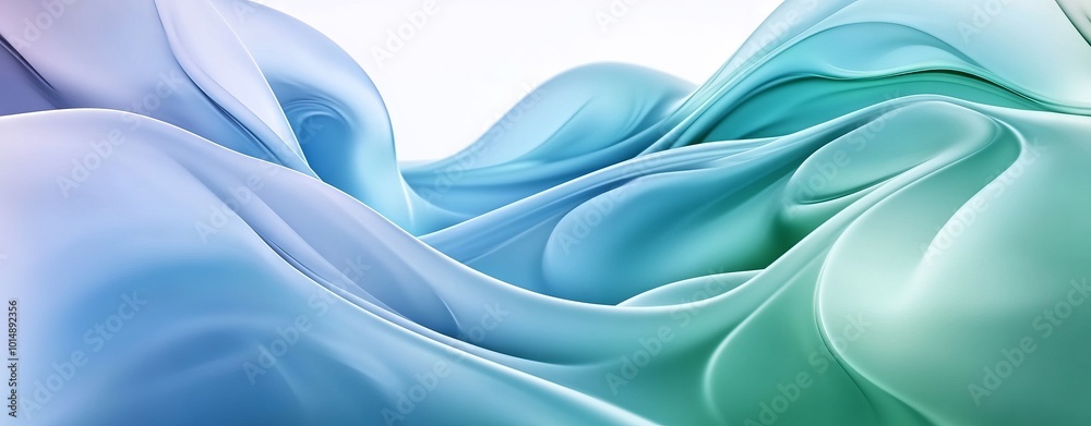 3D Render of Smooth Waves in Blue and Green Colors with Fluid Glass Shapes. AI generated illustration