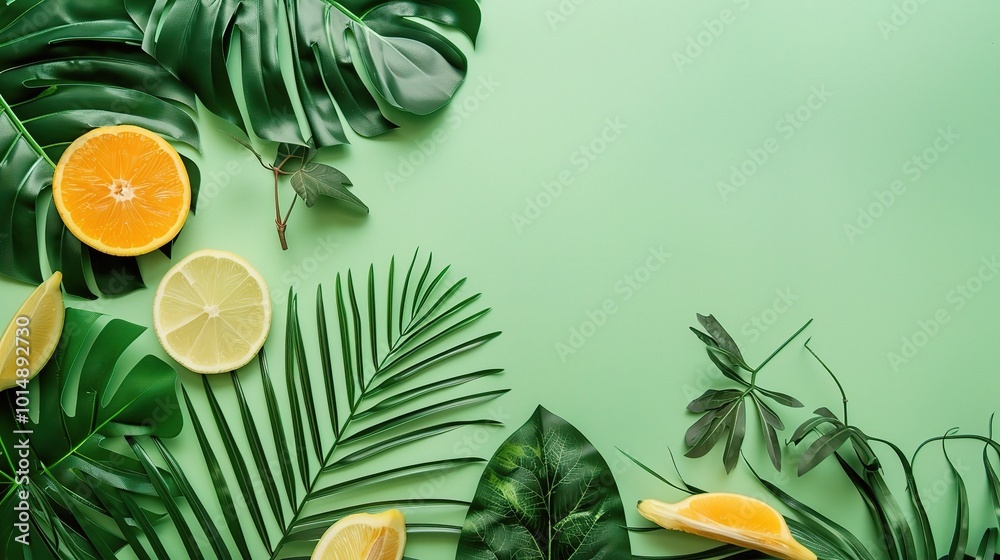 Flat Composition with Green Background - a fresh and modern visual. The flat composition on the green backdrop offers a stylish and inviting look Flat Composition with Green Background - a fresh and modern visual. The flat composition on the green backdrop offers a stylish and inviting look