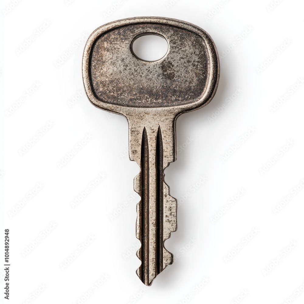 A master lock key, sturdy metal key with deep grooves, isolated on white background A master lock key, sturdy metal key with deep grooves, isolated on white background