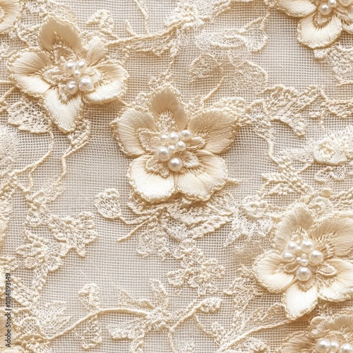 Closeup of textured fabric pattern with elegant vintage lace and floral hand embroidery on a white gold background.