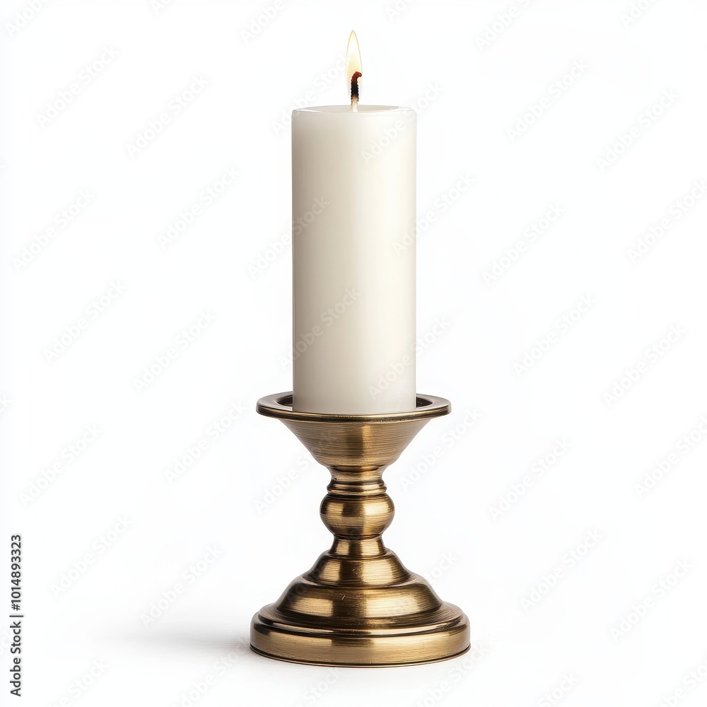 A candle holder, living room decor, metal with a single white candle, isolated on white background