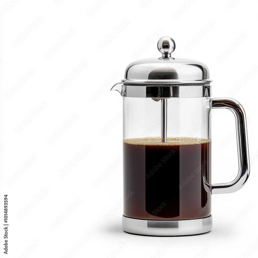 A French press coffee maker, brewing tool, glass body with stainless steel plunger, isolated on white background A French press coffee maker, brewing tool, glass body with stainless steel plunger, isolated on white background