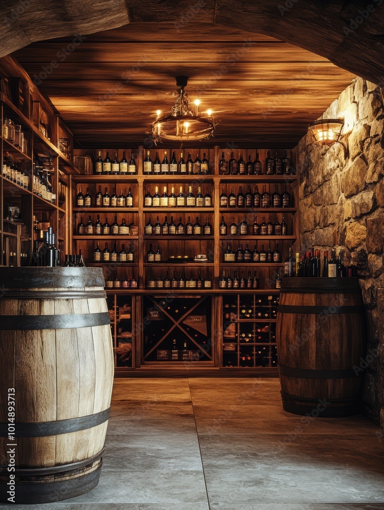 A rustic wine cellar featuring wooden barrels and meticulously arranged shelves filled with an extensive collection of wine bottles. Generative AI A rustic wine cellar featuring wooden barrels and meticulously arranged shelves filled with an extensive collection of wine bottles. Generative AI