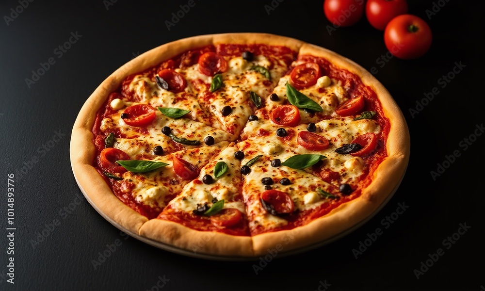Slices of pizza with spices on black background Slices of pizza with spices on black background