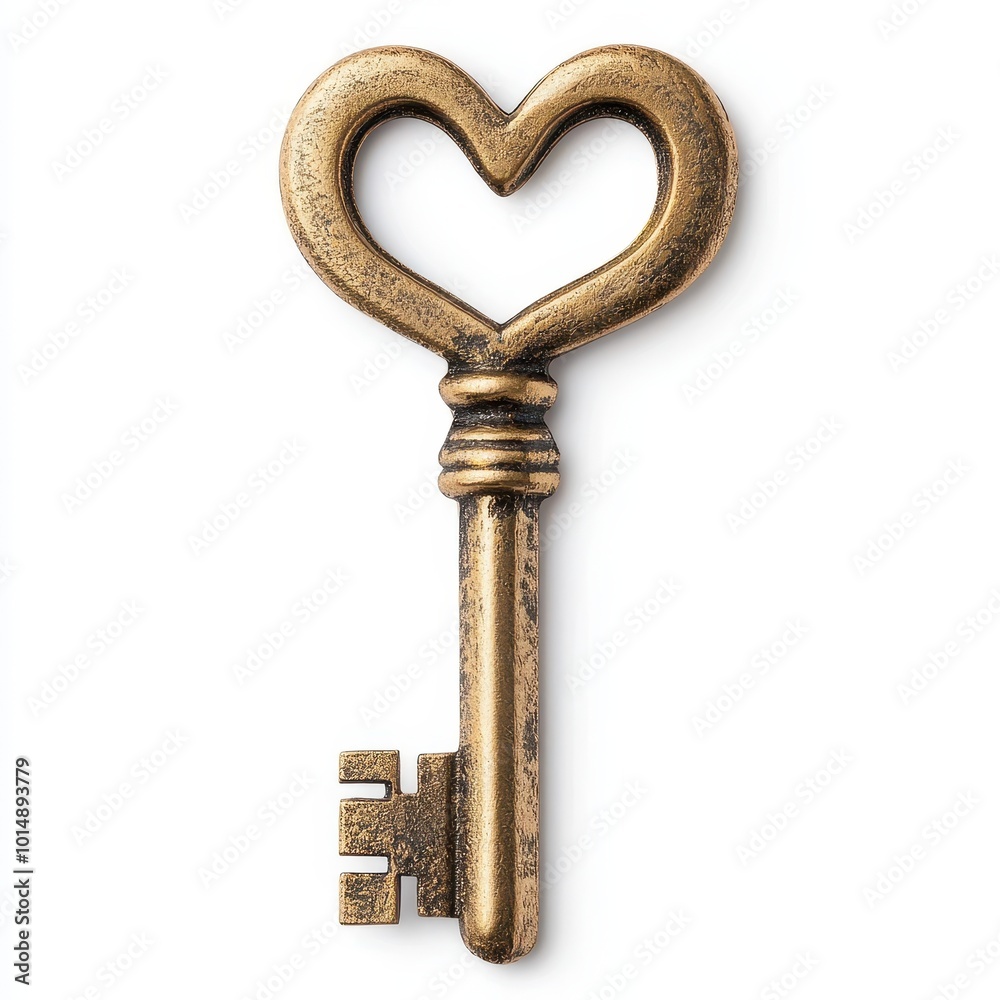 A decorative key, whimsical design, gold finish with heart-shaped bow, isolated on white background A decorative key, whimsical design, gold finish with heart-shaped bow, isolated on white background