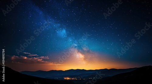 A breathtaking view of the Milky Way galaxay shimmering over rolling hills at dusk, with soft city lights twinkling below, creating a serene and captivating atmosphere.