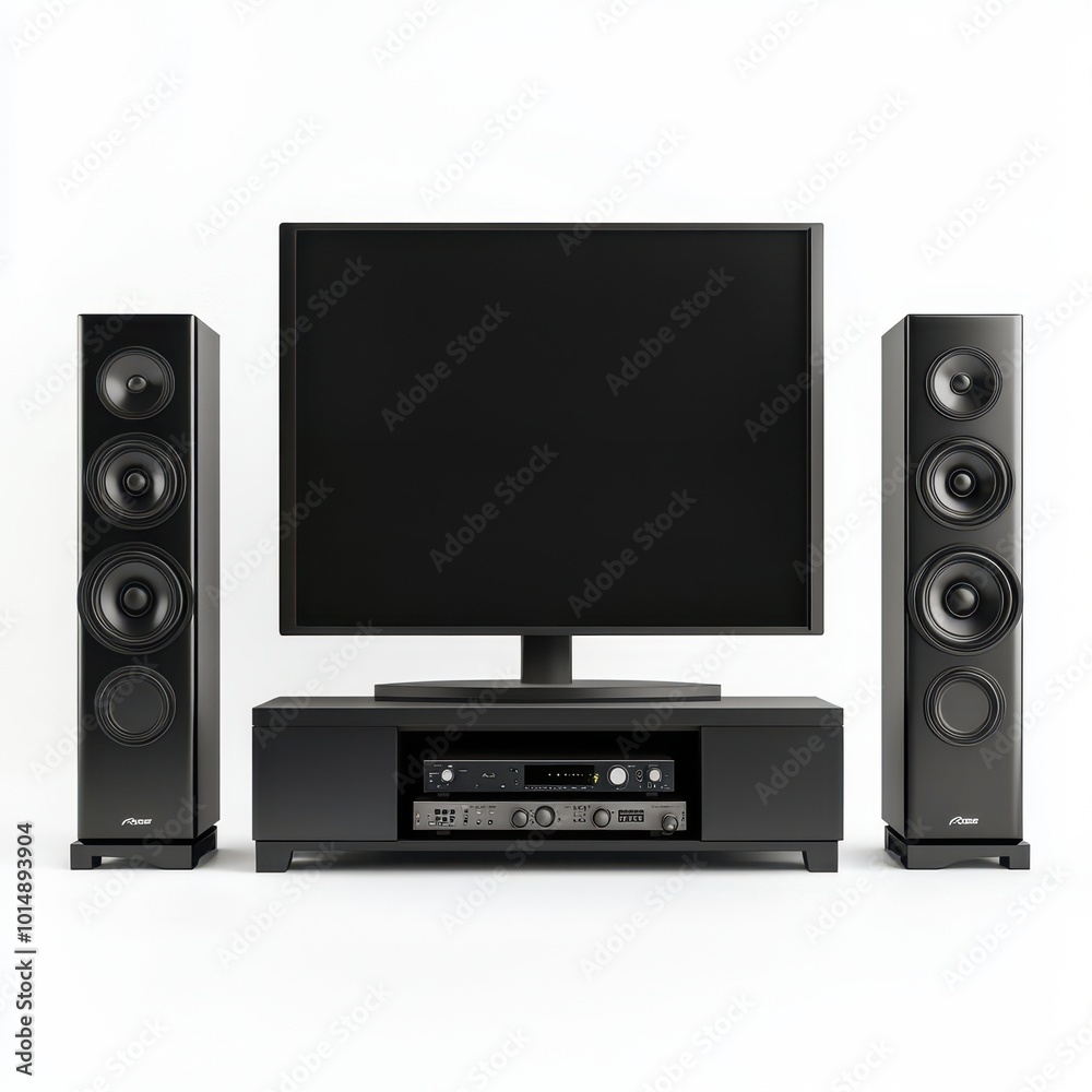 Fototapeta premium A home theater system, living room electronics, speakers and subwoofer set, isolated on white background