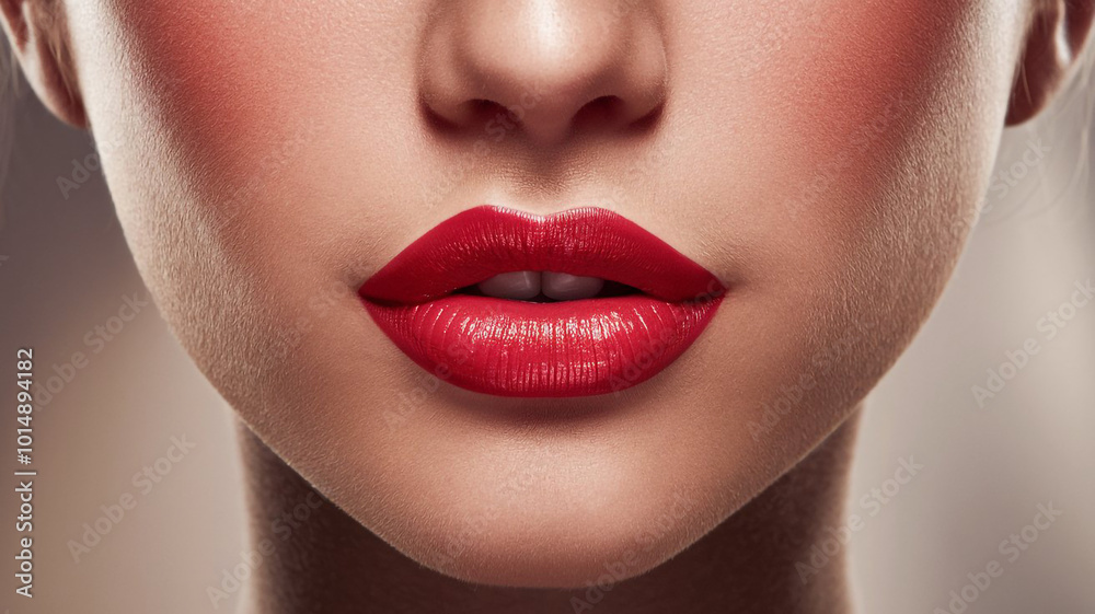 Naklejka premium A close-up of a woman's attractive lips with red lipstick.