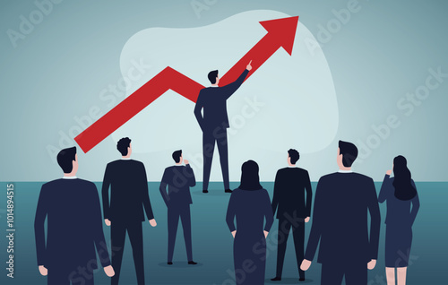 Leadership and business growth concept. Businessman leading a group of people pointing at upward arrow.