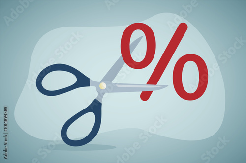 Stop Inflation, concept. High interest rates on loans. Economic crisis, Fed raised central bank interest rate to curb soaring inflation. Cut percentage mark with scissors. vector illustration
