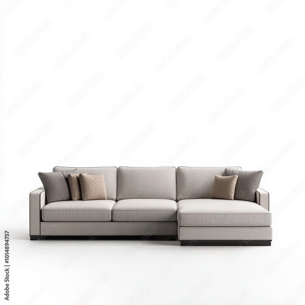 Fototapeta premium A modern sofa, living room furniture, L-shaped with fabric upholstery, isolated on white background