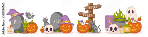 Set of halloween illustrations, vector composition from pumpkin with sweets, black cat, tombstone, witch hat, zombie hand, bat, skull,  cauldron, spell book, ghost. For sticker, print, scrapbooking