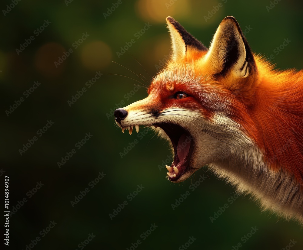 Obraz premium A striking close-up of a fox roaring, revealing its sharp teeth and vibrant fur.