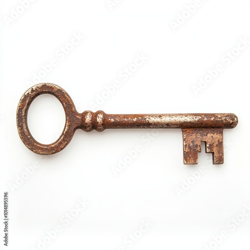 A vintage skeleton key, rusted metal with worn details, isolated on white background