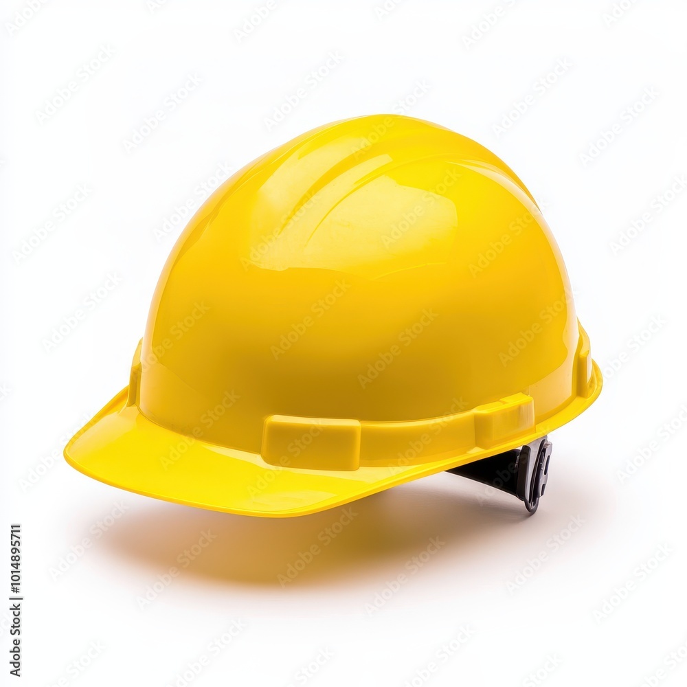 A construction worker's hard hat, profession gear, yellow with adjustable strap, isolated on white background A construction worker's hard hat, profession gear, yellow with adjustable strap, isolated on white background