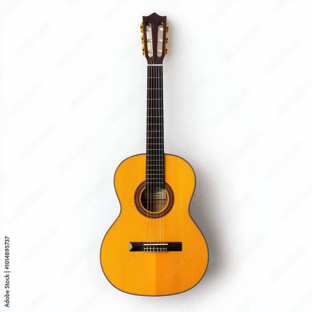Obraz premium A musician's guitar, profession instrument, acoustic with wooden body, isolated on white background