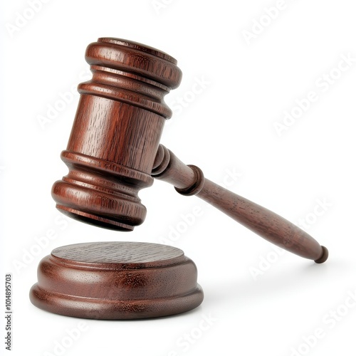 A judge's gavel, profession tool, dark wood with a matching sound block, isolated on white background