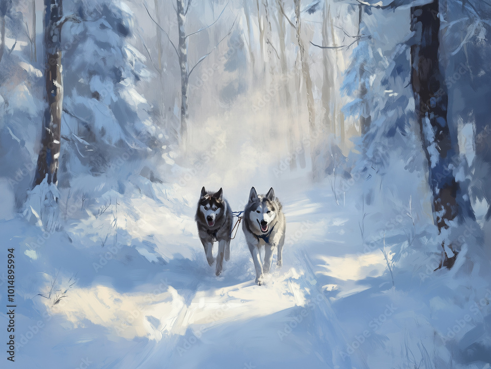 Winter Expedition: A Pair of Huskies Pulling a Sled Through a Snowy Landscape